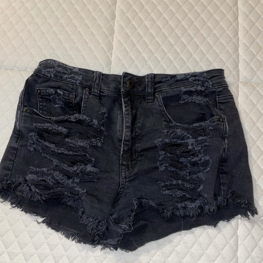 Black distressed high-rise denim shorts